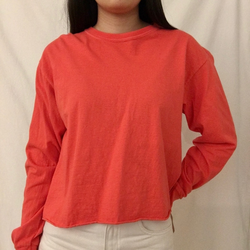 Red Contrast Stitch Boxy Cropped Long Sleeve Tee